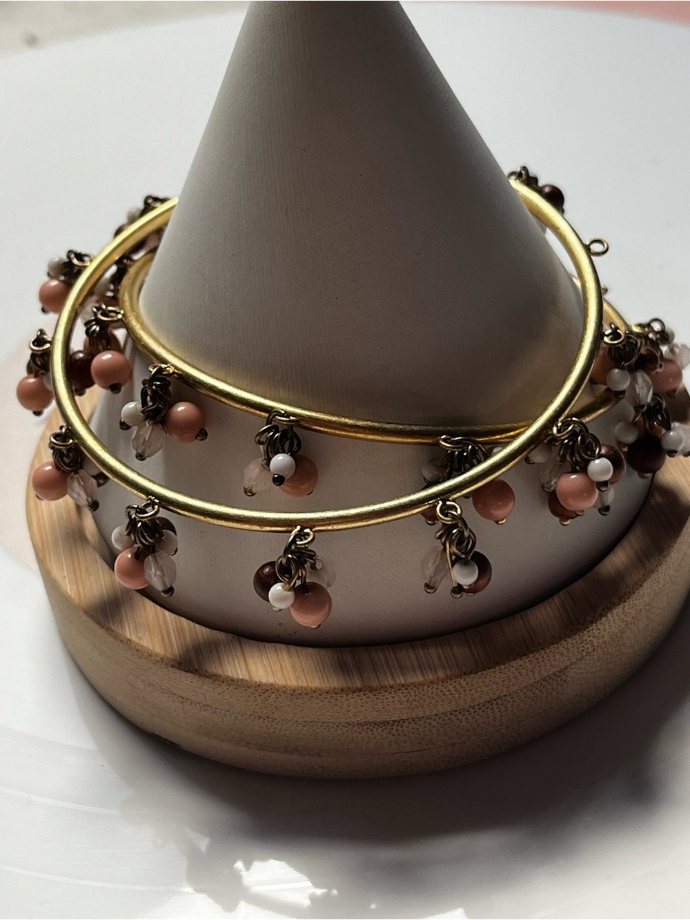 Gold-Tone Bracelet Pair with Peach, White & Brown Bead Charms